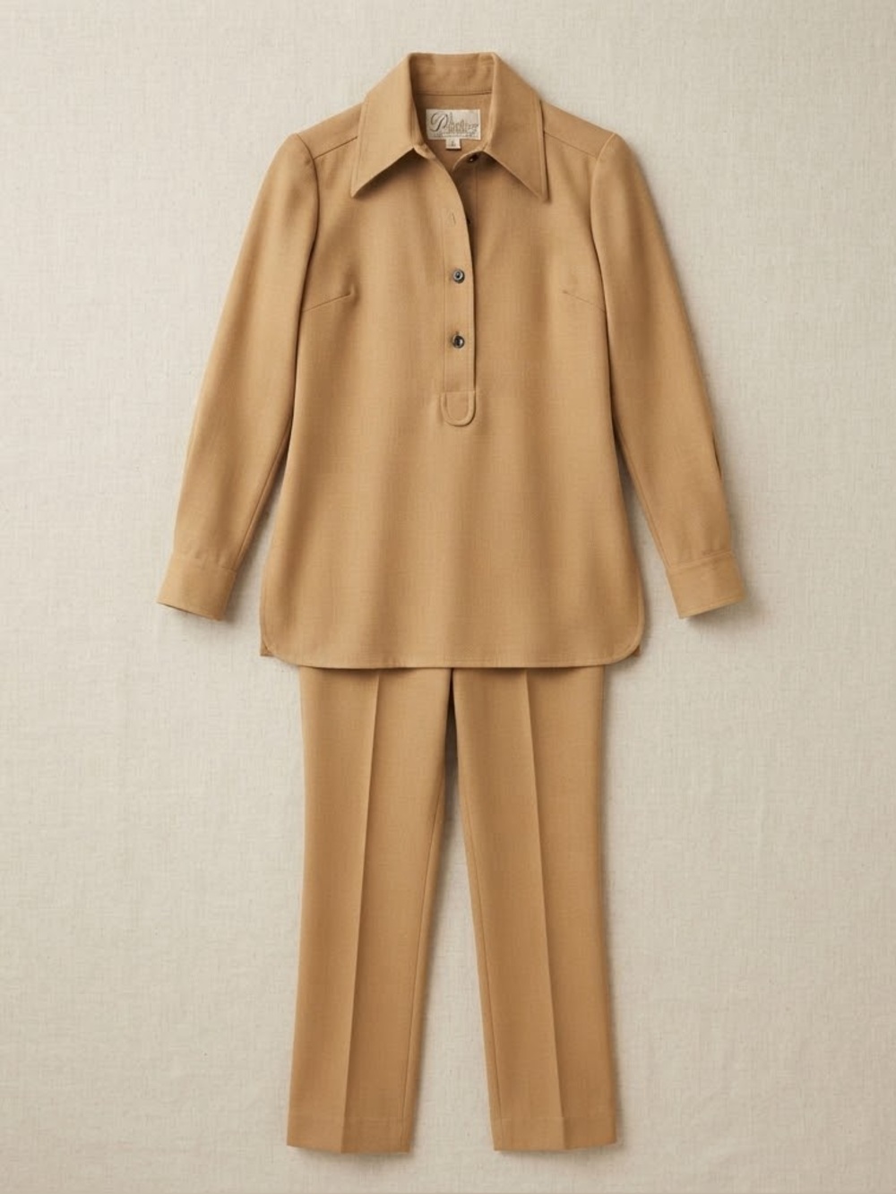 NWT 1976 Camel Power Suit Vintage 100% Wool 2 Piece Brown Tunic + Trousers